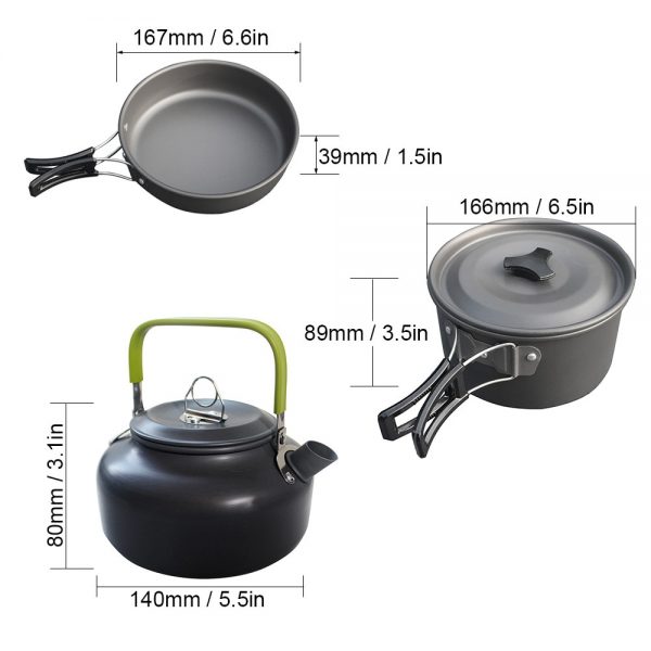 Ultra-light Aluminum Alloy Camping Cookware Utensils Outdoor Cooking Teapot Picnic Tableware Kettle Pot Frying Pan 3pcs/Set